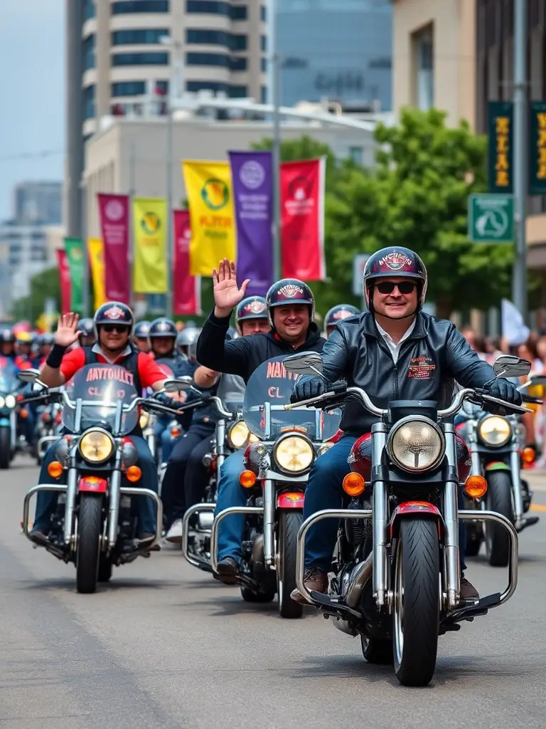 A group of motorcyclists participating in a charity event, handing over a donation check to representatives of a local organization.
