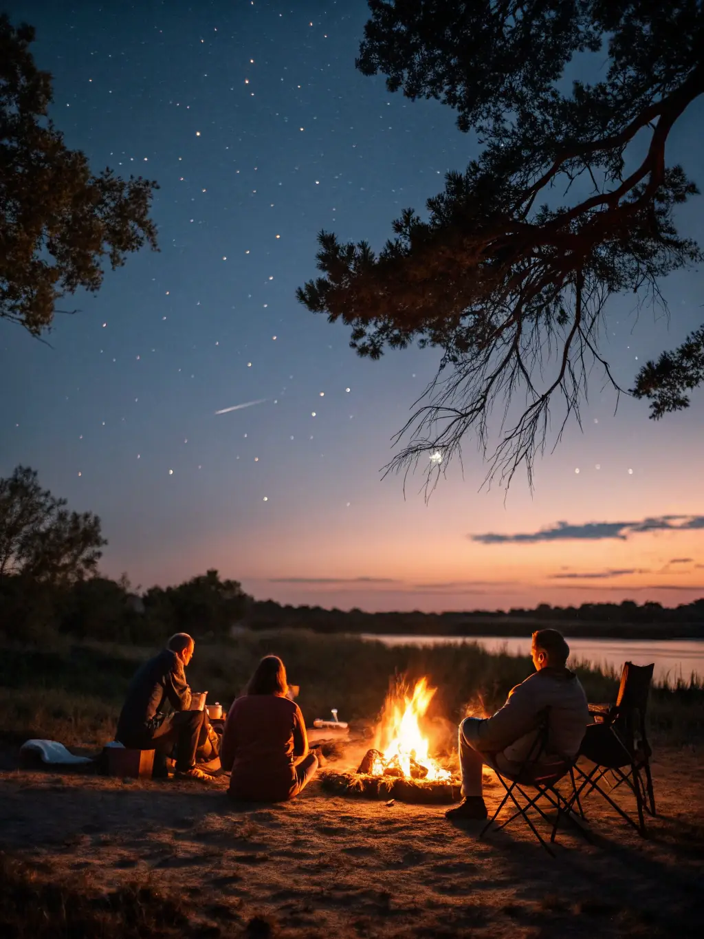A group of motorcyclists gathered around a campfire during a weekend outing, enjoying food and drinks.