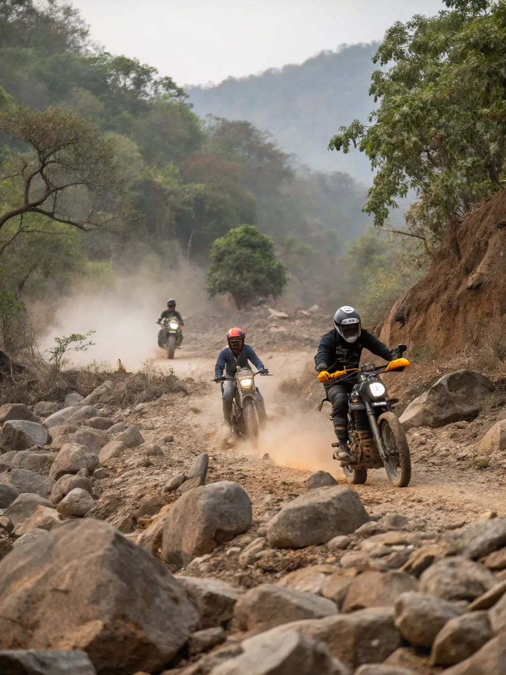 A group of motorcyclists riding through a scenic forest road on a sunny day, showcasing a monthly ride organized by Route 44 et ses motards.