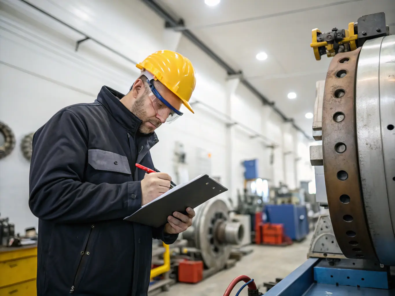 A workplace safety inspector examining equipment and ensuring compliance with safety regulations in an industrial setting.