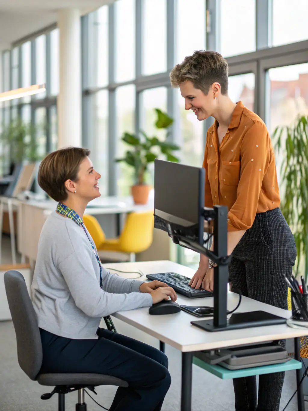 A consultant providing ergonomic assessment at a workstation, showcasing AIST 83's focus on improving workplace conditions.
