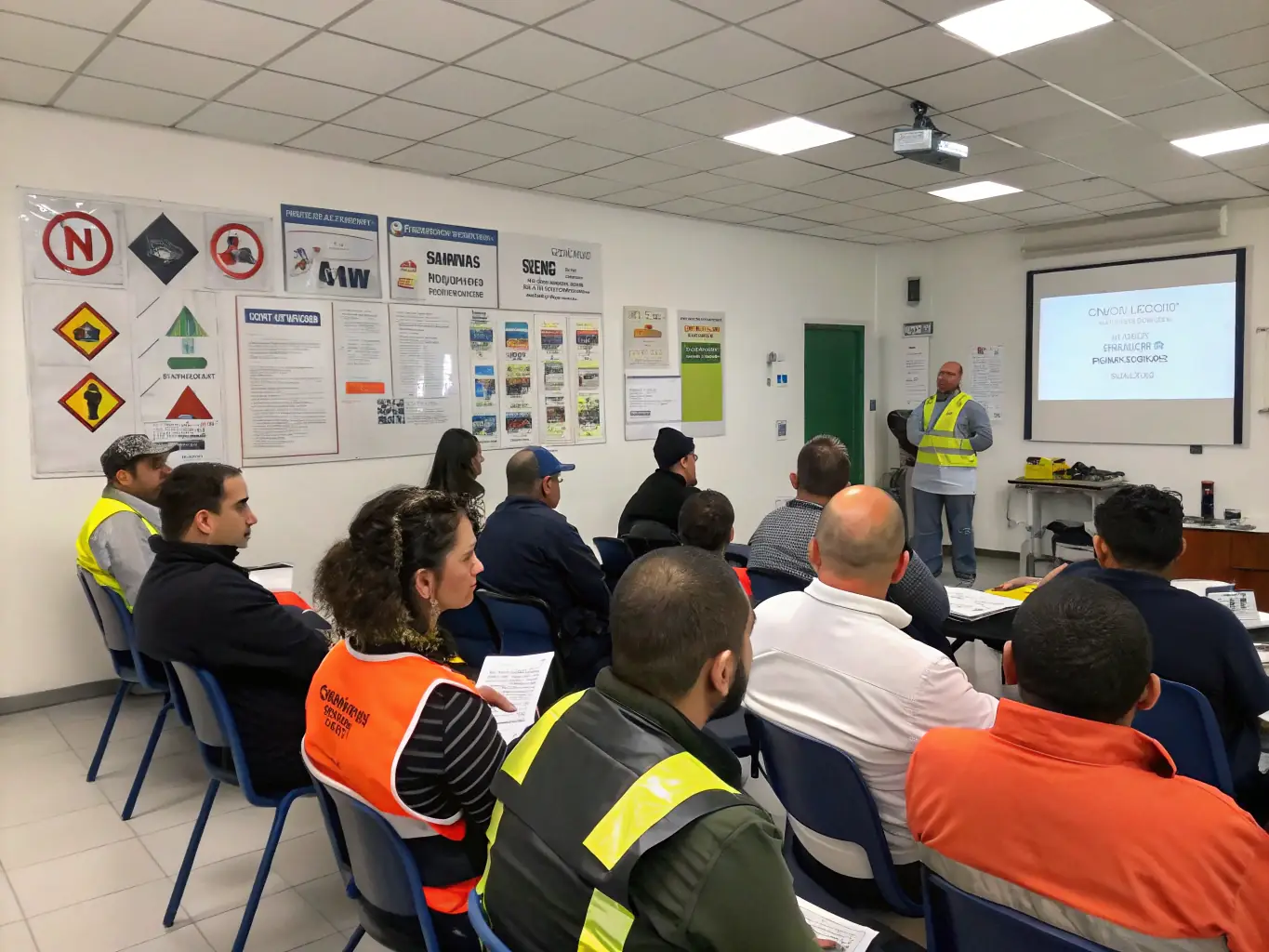 A group of employees participating in a workplace safety training session, learning about emergency procedures and hazard awareness.